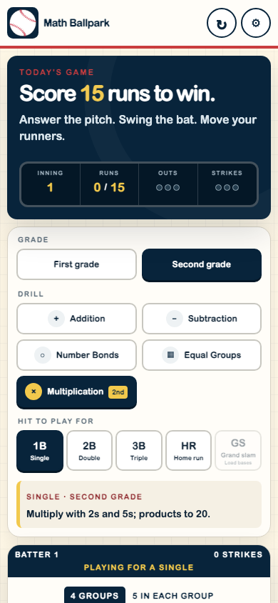Mobile Math Ballpark game with second grade, multiplication, and home run selected