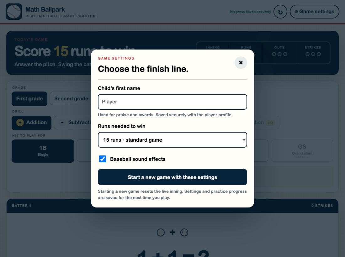 Math Ballpark game settings showing the child’s first name, finish line, and sound controls for a signed-in family account